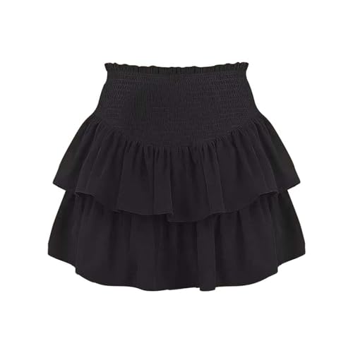 Damen Rüschen Faltenrock Kurzer Mini Rock Hohe Taille Mehrlagige Kurz Röcke Sommer A-Linie Minirock Casual Einfarbig Rock Volant Rock mit Gummibund Strandrock Sport Plisseerock von QingHUImao