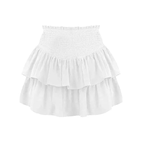 Damen Rüschen Faltenrock Kurzer Mini Rock Hohe Taille Mehrlagige Kurz Röcke Sommer A-Linie Minirock Casual Einfarbig Rock Volant Rock mit Gummibund Strandrock Sport Plisseerock von QingHUImao