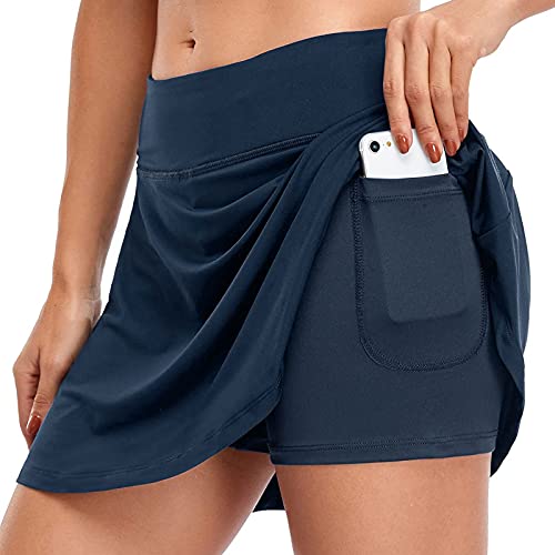 Damen Tennis Sport Hosen Rock Dehnbar Laufrock 2 in1 Sport Leggings mit Rock Kurz Skort Hosen Rock Dehnbar Laufenrock, Damen Sport Rock mit Shorts Laufrock Minirock Tennisrock Hosenrock (1-Navy, L) von QingHUImao