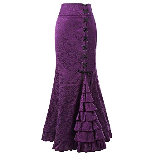 Damen Viktorianischer Steampunk Geraffter Gothic Vintage Lace Up Stufig Rüschen Fischschwanz Meerjungfrau Maxi Rock Frauen Punk Stil Retro Lang Bodycon Rock mit Spitze von QingHUImao