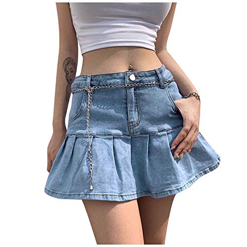 Damen Y2K Jeans Rock Netter Mini Denim Rock Plissee A-Linie Rock 90er Jahre Hoch tailliert Dehnbaren Skater Mini Rock mit Shorts Swing Röcke Sommerrock Kurz Röcke Skirts Beiläufig Y2K Faltenrock von QingHUImao