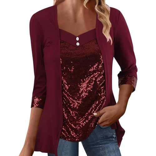Festliche Blusen Damen, Tunika Damen Elegant Pailletten Oberteil Festliche Bluse 3/4 Arm Tunika Lässig Rundhals Glitzer Oberteile Langarmshirt Shirt Glitzer Oberteile Herbst Winter Langarm Tunika von QingHUImao
