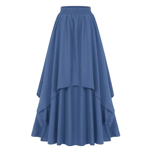 Gothic Rock Damen Lang Schwarz Röcke A-Linie Mittelalter Gothic Rock Damen Rock Knielang mit Schnalle vorne kurz, hinten lang, mit Schnürtaille (1-Blue, S) von QingHUImao