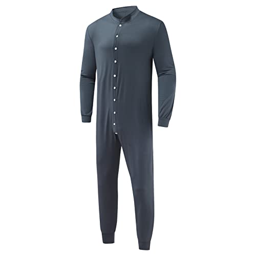 Herren Onesie Schlafoveralls Einteilige-Schlafanzüge mit Knopf Langarm Winter Thermo Homewear Nachtwäsche Männerplaysuit Pyjamas Hausanzug Strampelanzug Herren Pyjama Jumpsuit (Grau, XL) von QingHUImao