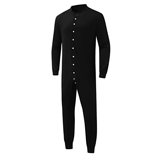 Herren Onesie Schlafoveralls Einteilige-Schlafanzüge mit Knopf Langarm Winter Thermo Homewear Nachtwäsche Männerplaysuit Pyjamas Hausanzug Strampelanzug Herren Pyjama Jumpsuit (Schwarz, XXL) von QingHUImao