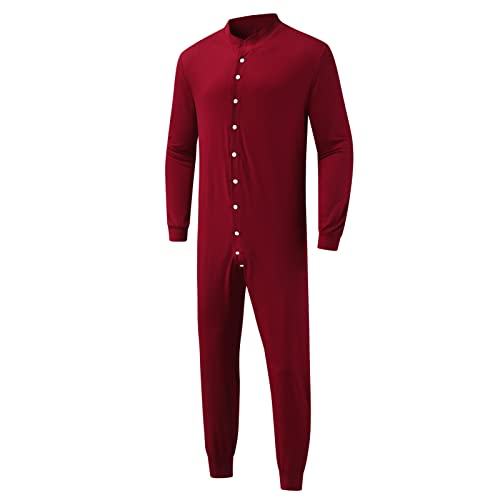 Herren Onesie Schlafoveralls Einteilige-Schlafanzüge mit Knopf Langarm Winter Thermo Homewear Nachtwäsche Männerplaysuit Pyjamas Hausanzug Strampelanzug Herren Pyjama Jumpsuit (rot, L) von QingHUImao