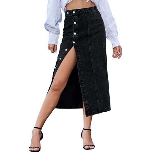 Jeansrock Damen Lang Sommerröcke A-Linie Knopf Jeans Rock High Waist Langer Rock Sommer Einfarbig Jeansrock mit Seitenschlitz Irregulär Sommerrock Stretch Jeans Rock Damen Unregelmäßiger Denim Röcke von QingHUImao