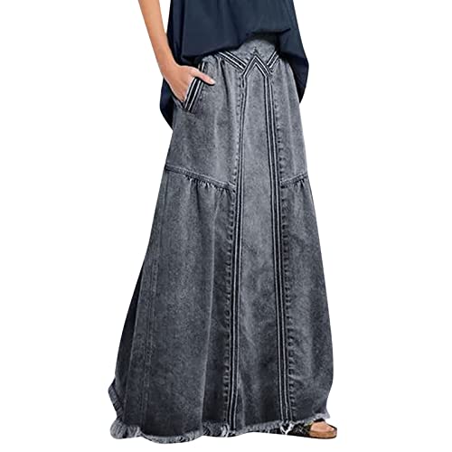 Jeansrock Damen Lange Hohe Taille A Linie Jeansrock Sommer Midi Rock mit Taschen Vintage Elegant Maxi Jeansrock Stretch Denim Röcke Große Größe Lässig Jeansröcke mit Elastische Taille von QingHUImao
