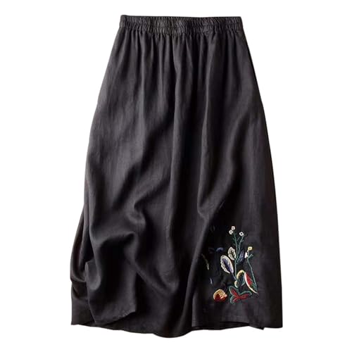 Leinen Röcke Damen Lang Sommerröcke High Waist Langer Rock A-Linie Röcke Einfarbig Sommerrock Damen Casual Maxirock Sommer Leinenrock Klassisch Stickerei Midirock Lose Damenrock mit (Black-b, XXL) von QingHUImao