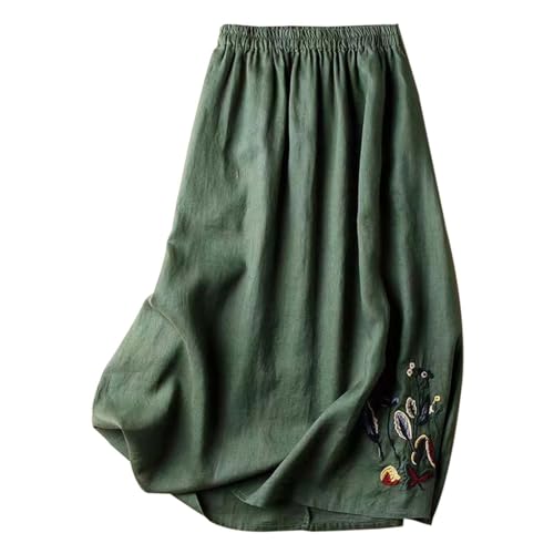 Leinen Röcke Damen Lang Sommerröcke High Waist Langer Rock A-Linie Röcke Einfarbig Sommerrock Damen Casual Maxirock Sommer Leinenrock Klassisch Stickerei Midirock Lose Damenrock mit (Green-b, XXL) von QingHUImao