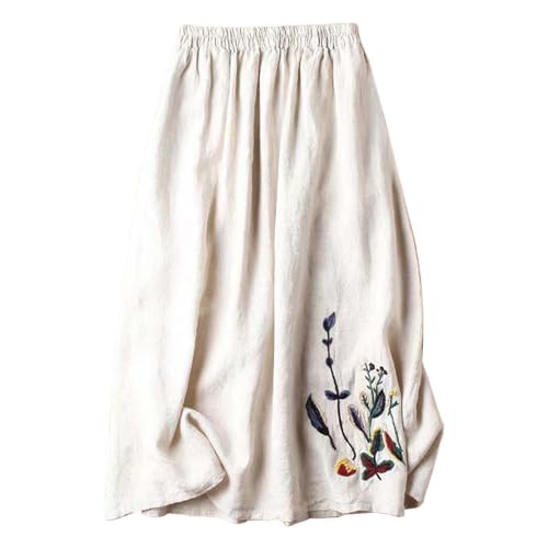 Leinen Röcke Damen Lang Sommerröcke High Waist Langer Rock A-Linie Röcke Einfarbig Sommerrock Damen Casual Maxirock Sommer Leinenrock Klassisch Stickerei Midirock Lose Damenrock mit (White-ba, L) von QingHUImao