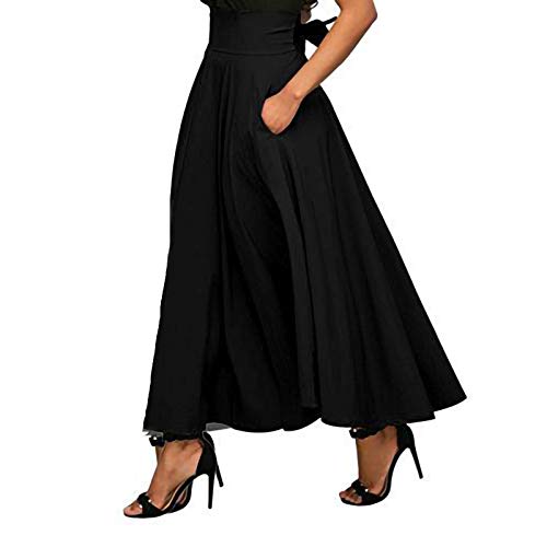 Mittelalter Kleidung Damen 2023 Frauen Retro Mittelalter Elastische Hohe Taille Boho Maxi Rock Casual Kordelzug A Linie Langer Rock Knielang Röcke für Mädchen Größe A Linie Elastischer (Black-a, M) von QingHUImao