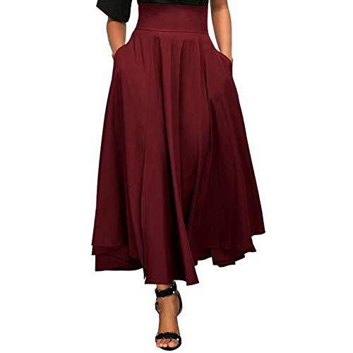 Mittelalter Kleidung Damen 2023 Frauen Retro Mittelalter Elastische Hohe Taille Boho Maxi Rock Casual Kordelzug A Linie Langer Rock Knielang Röcke für Mädchen Größe A Linie Elastischer Rock (Red-a, L) von QingHUImao