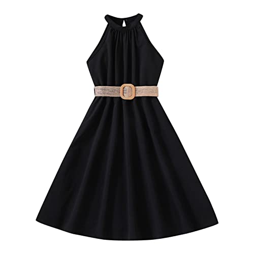 Neckholder Kleider Mädchen Einfarbig Prinzessin Kleid Sommer Kinder Freizeitkleid Teenager Mädchen Sommerkleid Moden Kinderkleider Kleinkind Baby A Line Kleid Ärmelloses Mädchenkleid mit Gürtel von QingHUImao