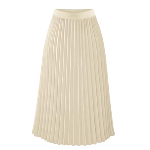 Plisseerock Lang Damen Sommerrock Einfarbig Faltenrock High Waist A-Linie Langer Rock Sommer Stretch Elegant Casual Moden Sommerröcke Midi (Beige #1, L) von QingHUImao