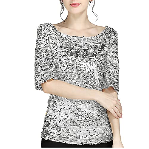 Pullover Damen Glitzer Shirt Kurzarm Oberteile Schön Glänzend Pailletten Tops Tshirt Elegant Festlich Damenbluse Mode Abend Party Wedding Glitzertop Bluse Tunika von QingHUImao