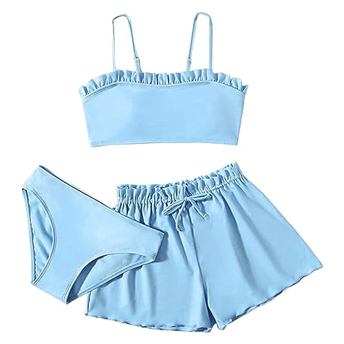 QingHUImao 3er Set Mädchen Bikini Teenager Einfarbiges 3-Teiliger Badeanzug Tankini Bikinioberteil mit Triangel Bikinihose und Kurz Shorts Set Sommer Strand Bademode für Kinders 8-16 Jahre von QingHUImao