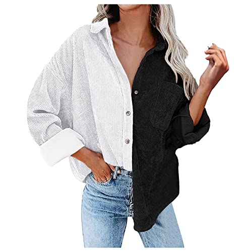 QingHUImao Bluse Damen Langarm Revers Blusen Hemdjacke Cordjacke Damen Cordhemd Bluse Jacke Damen Shacket Jacket Button Down Freizeitjacke mit Taschen Frühling Herbst Hemd Outwear (A, S) von QingHUImao