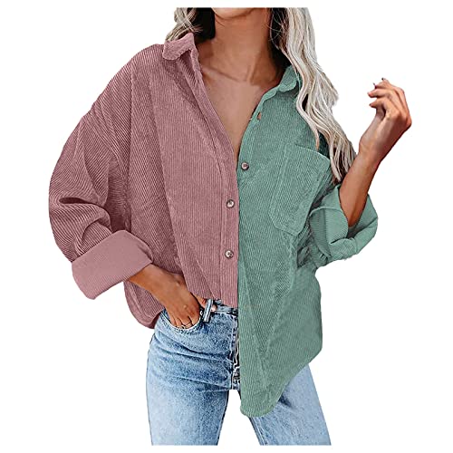 QingHUImao Bluse Damen Langarm Revers Blusen Hemdjacke Cordjacke Damen Cordhemd Bluse Jacke Damen Shacket Jacket Button Down Freizeitjacke mit Taschen Frühling Herbst Hemd Outwear (G, XXL) von QingHUImao