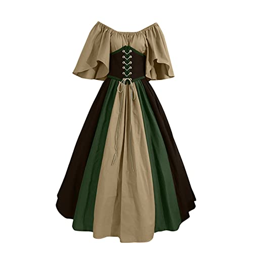 QingHUImao Damen Kleid Kurzarm Mittelalter Kleid Cosplay Dress Mittelalter Kleidung Große Größen Kostüm Kurzarm Kleid Damen Mittelalter Kostüme Kleider Halloween Karneval Kostüm (Khaki #1, M) von QingHUImao