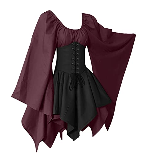 QingHUImao Damen Kleid Kurzarm Mittelalter Kleid Cosplay Dress Mittelalter Kleidung Große Größen Kostüm Kurzarm One-Shoulder-Kleid Karneval KostüM Damen Damenkostüm Cosplay für Halloween (A-014, M) von QingHUImao