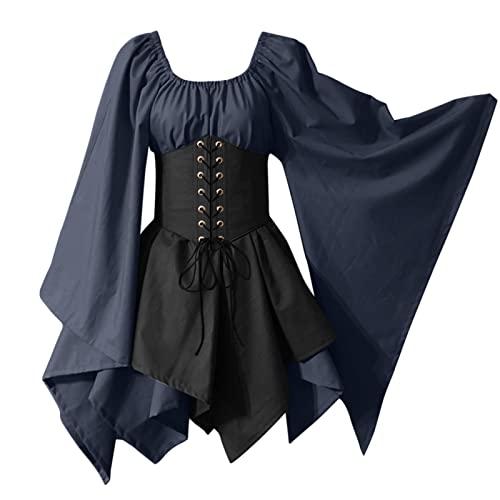 QingHUImao Damen Kleid Kurzarm Mittelalter Kleid Cosplay Dress Mittelalter Kleidung Große Größen Renaissance Kostüm Kurzarm One-Shoulder-Kleid Karneval KostüM Damen Damenkostüm Cosplay für Halloween von QingHUImao