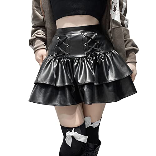 QingHUImao Damen Plissee Miniröcke Kariert Hohe Taille Kurze A-Linie Flare Lace-up Schnürung Punk Gothic Rock Kleidung Kawaii Harajuku Top e-Girl Teenager Mädchen Clothes (W-RD, L) von QingHUImao