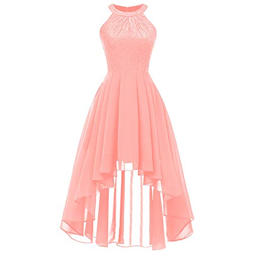 QingHUImao Damen Retro Charmant Ärmellos Rundhals Knielang mit Spitzen Floral Rockabilly Cocktail Abendkleider Cocktailkleidkleid Knielang Brautjungfern Midi Spitzenkleider Hochzeitskleid (Rosa2, S) von QingHUImao