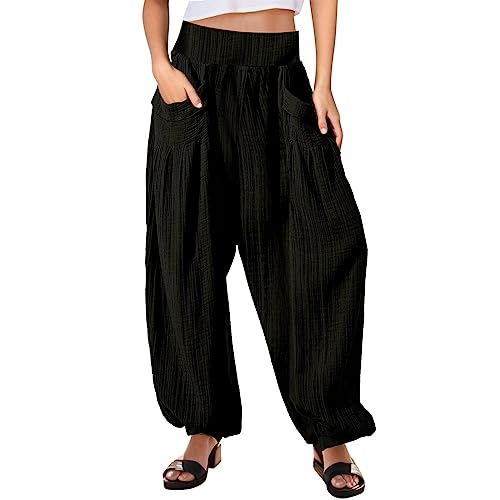 QingHUImao Haremshosen Damen Sommer Leichte Sommer Hose Kreis Strand Harem Aladin Pumphose Damen Pumphose Harem-Stil Sommerhose Aladinhose Pluderhose Yoga Freizeithose Sommerhose (A-Black, XXL) von QingHUImao