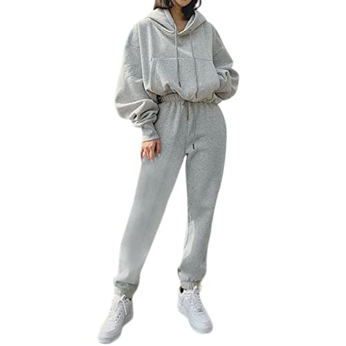 QingHUImao Jogginganzug Damen Trainingsanzug Mode Einfarbig Sportbekleidung Damen Sportanzug Jogginghose Set mit Kordelzug Modern Sport Yoga Outfit 2 Stück Set Freizeitanzug für Yoga Gym (Grau, L) von QingHUImao