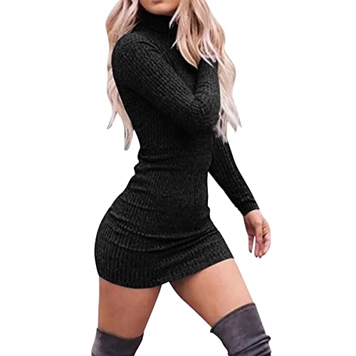 QingHUImao Pulloverkleid Damen Bodycon Minikleid Rollkragen Langarm Basic Eng Kleid Strickkleid Winterkleid Figurbetonte Passform Sweatkleid Winterkleid Pulli Minikleid Winter Langarm (Schwarz01, XL) von QingHUImao