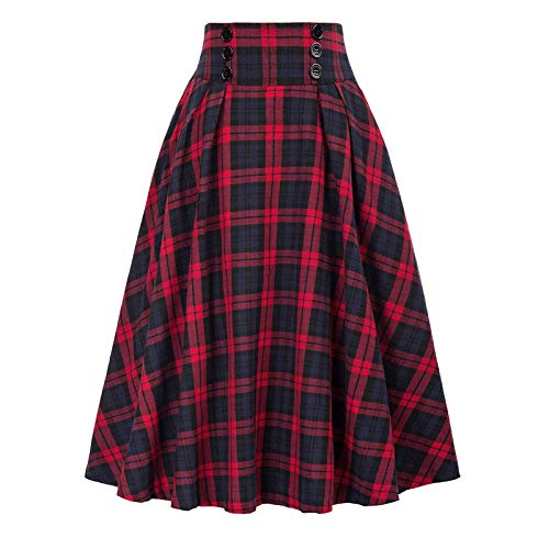 Rock Damen Lang Vintage Plaid Winterrock Warm Elastische Taille A Linie Röcke Casual Rock Hohe Taille Kariert Maxi Rock Eleganter Freizeitrock A-Linie Röcke Gothic Kariert Faltenrock von QingHUImao