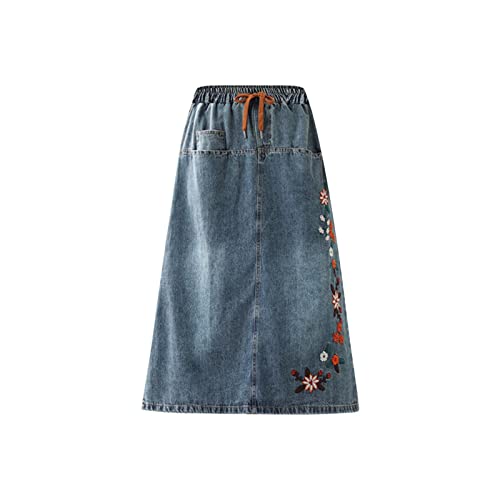 Röcke für Damen Knielang Jeansrock High Waist Midi Rock A-Linie Jeans Rock Sommer Denim Maxirock Damen Sommerröcke Stretch Cowboy Damenröcke Langer Rock mit Kordelzug Gummiband Stickerei Damenrock von QingHUImao