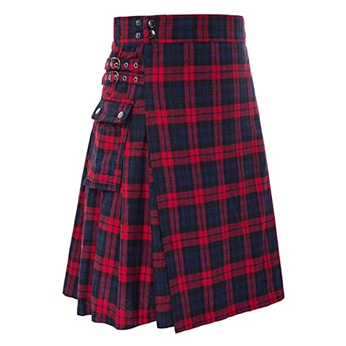 Schottischer Herren Kariert Röcke Modern Fashion Schottische Culottes Rock Kleid Individualität Vintage Casual Karo Rock mit Taschen Männer Farbe Spleiß Schottischer (Red-a, L) von QingHUImao