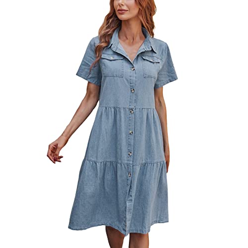 Sommerkleid Damen Knielang - Jeanskleid Damen Sommer Lang Denimkleider V-Ausschnitt Kurzarm Blusenkleider Maxikleid Einfarbig Freizeitkleider mit Taschen Strandkleid Swing Kleid (b-Blue, L) von QingHUImao