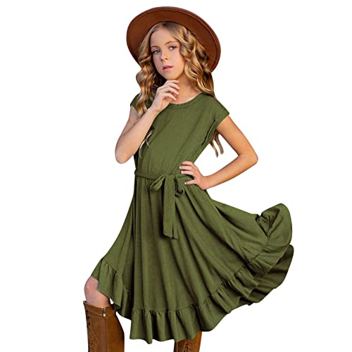 Sommerkleid Mädchen Rundhals Prinzessin Kleid Casual Kinderkleider Einfarbig Mädchenkleid Volant Ärmel Kinderkleid A-Linie Kleid Kinder Sommer Unregelmäßig Kleider Teenager Mädchen Rüschen Kleid von QingHUImao