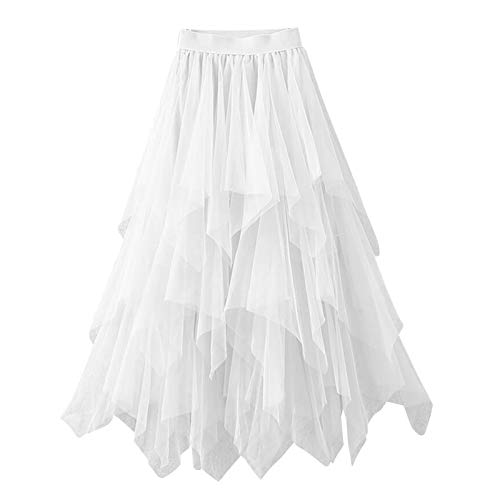 Tüllrock Damen Elegant Weich Knielang/Lang Sommerrock Vintage Tütü Rüschen Tüll Rock, Damen-Tüll-Midirock, elastischer, geschichteter Faltenrock mit hoher Taille und Mesh Tutu-Rock (1-White, M) von QingHUImao