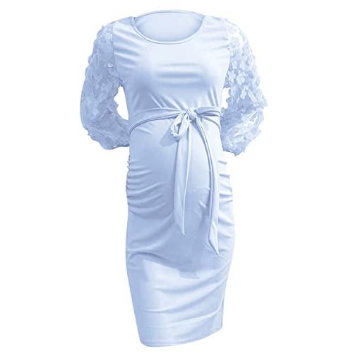 Umstandskleid Damen Knielang Schwangerschaftskleid Spizen Schwangerschafts Sommerkleid Elegant Umstands Kleid Damen Langarm Maternity Kleid Umstandsmode Stillkleid Sommer Pregnancy Kleid mit Gürtel von QingHUImao