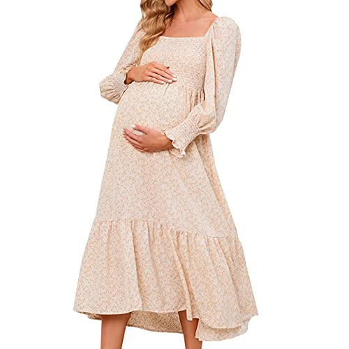 Umstandskleid Damen Lang Schwangerschaftskleid Schwangere Maxikleid Sommer Langarm Umstands Kleid Elegant Blumenmuster Maternity Kleid Damen Umstandsmode Stillkleid Pregnancy Kleider Stillkleidung von QingHUImao