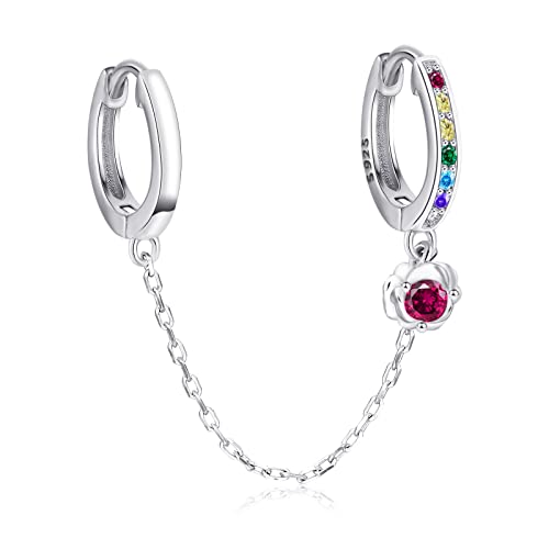 1 Pcs Doppel Creolen Ohrringe Silber 925 Damen, Qings Doppelt Piercing Gliederkette Rose Anhänger Ohrringe Mini Hoops Kette Ohrringe mit Bunt Zirkon, Mode Punk Rock Schmuck Geschenk für Mädchen Frauen von Qings