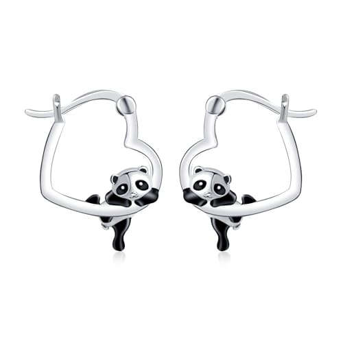 925 Sterling Silber Panda Ohrringe für Damen, Qings Klein Herz Creolen Pandabär Ohrring Niedlich Tier Herzen Huggice Ohrstecker, Tiere Geschenke für Mädchen Frauen Tochter von Qings