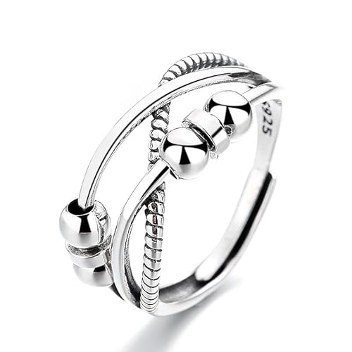 Qings Angst Zappeln Ringe 925 Sterling Silber für Damen Anxiety Verstellbar Offen Fidget Spinner Ring mit Perlen von Qings