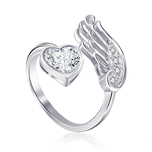 Qings April Moissanit Geburtsstein Ringe Sterling Silber Damen Verstellbarer Birthstone Flügel Feder Weiß Herz Zirkonia Verlobungsring Eheringe Geburtsstein Schmuck für Frau Freundin von Qings