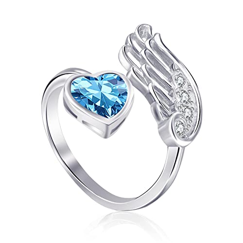 Qings Aquamarin März Geburtsstein Ringe Sterling Silber Damen Verstellbarer Birthstone Flügel Feder Hellblau Herz Zirkonia Verlobungsring Eheringe Geburtsstein Schmuck für Frau Freundin von Qings