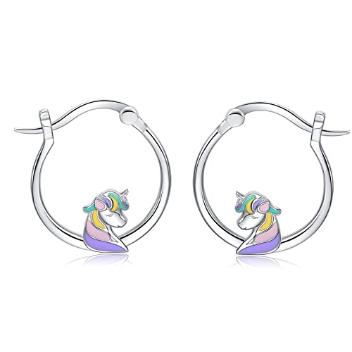 Einhorn Ohrringe Sterling Silber 925 für Mädchen Damen - Qings Klein Creolen Bunt Emaille Einhorn Unicorn Tier Ohrringe Hängend Niedlich Tiere Schmuck Geburtstag Geschenk für Frauen Schwester Tochter von Qings