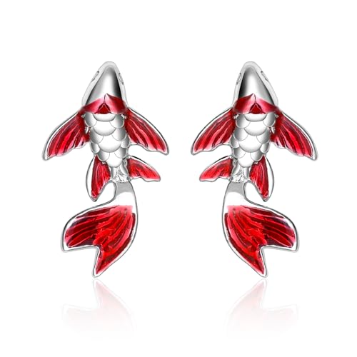 Fisch Ohrringe Silber 925 Stecker - Qings Koi Fisch Damen Echte Sterling Silber Karpfen Ohrringe Ohrstecker Glückliche Geschenk für Damen Mädchen Tochter Enkelin Kinder Ohrschmuck von Qings