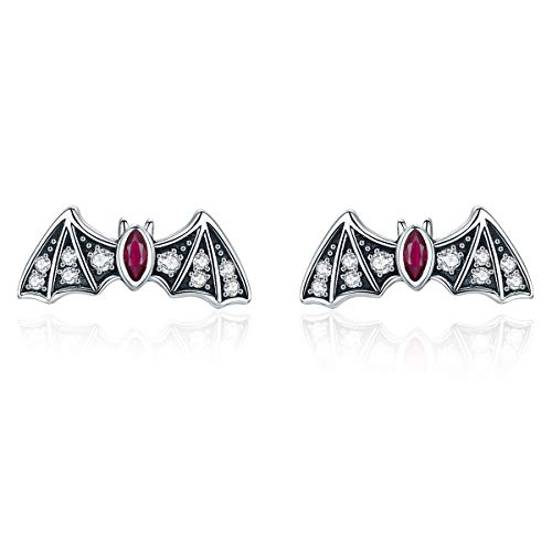 Fledermaus Halloween Ohrringe für Damen - Qings Sterling Silber 925 Klein Fledermaus Bat Ohrstecker mit Rot Zirkonia Jahrgang Schwarz Tier Halloween-Schmuck Geschenke für Frauen Mädchen Mutter von Qings