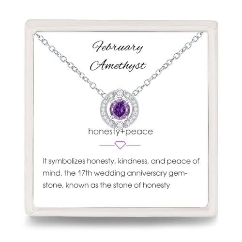 Geburtsstein Anhänger Halskette Damen - 925 Sterling Silber Februar Amethyst Halskette mit Zirkonia | Fashion Birthstone Schmuck | Mode Geburtstag Geschenke für Frauen Mädchen（Verstellbare Kette ） von Qings
