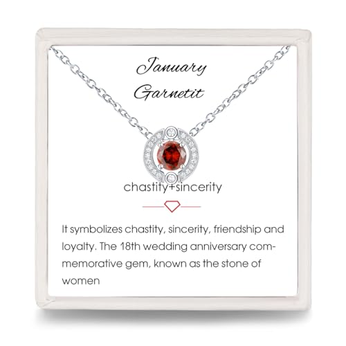 Geburtsstein Anhänger Halskette Damen - 925 Sterling Silber Januar Granat Halskette mit Zirkonia | Fashion Birthstone Schmuck | Mode Geburtstag Geschenke für Frauen Mädchen Mama（Verstellbare Kette ） von Qings
