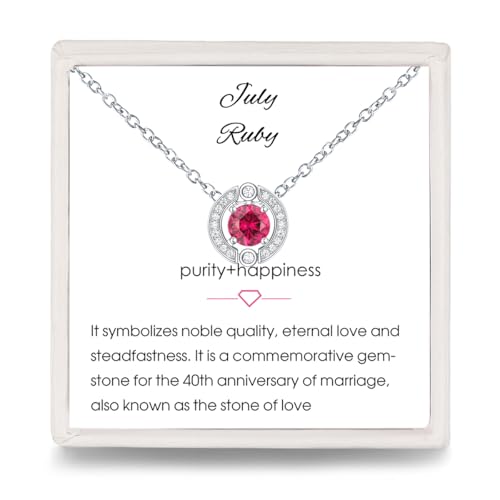 Geburtsstein Anhänger Halskette Damen - 925 Sterling Silber Juli Rubin Halskette mit Zirkonia | Fashion Birthstone Schmuck | Mode Geburtstag Geschenke für Frauen Mädchen Mama（Verstellbare Kette ） von Qings